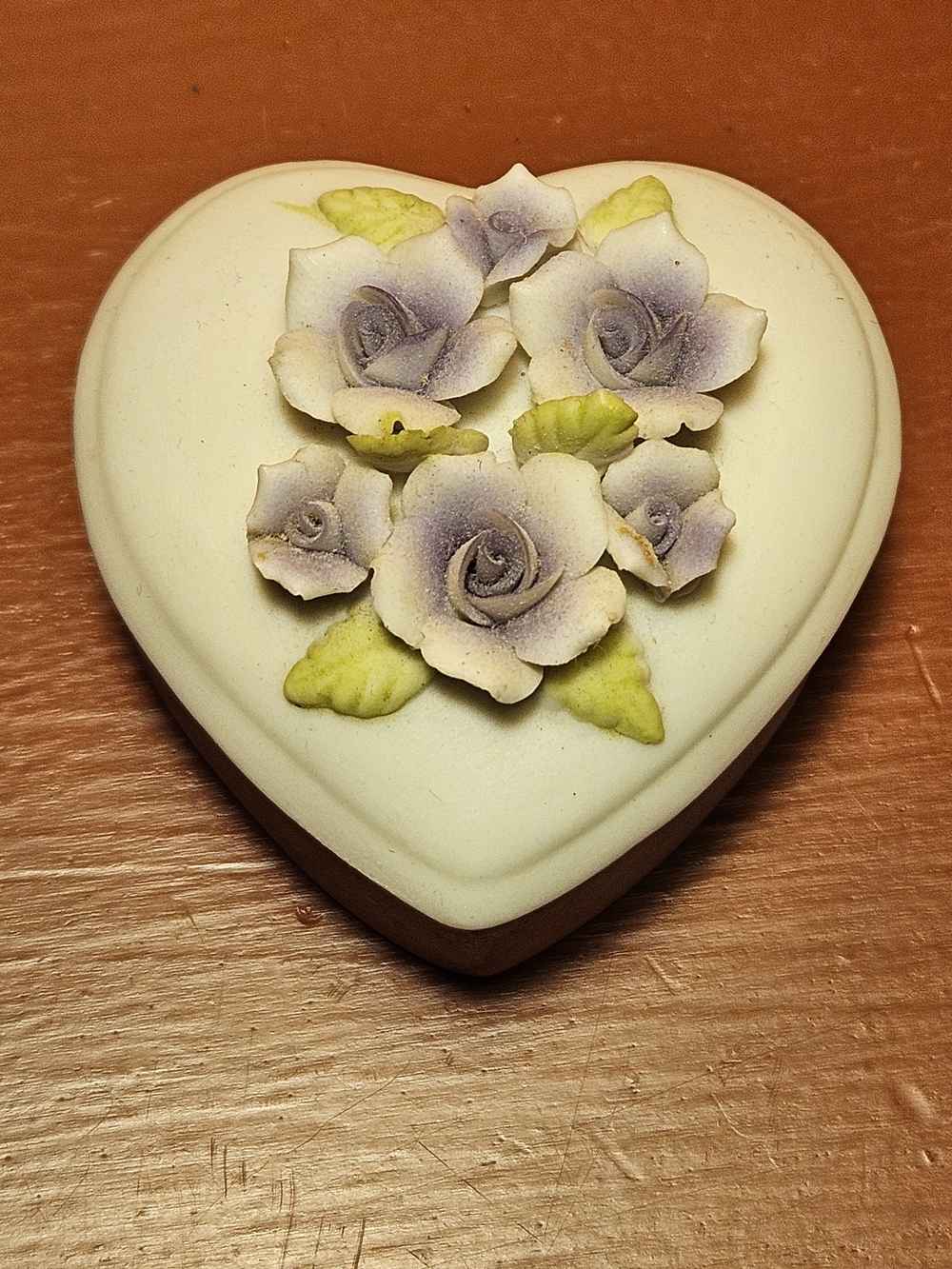 Vintage Lefton Heart-Shaped Ceramic Trinket Box with Lavender Flower Accents
